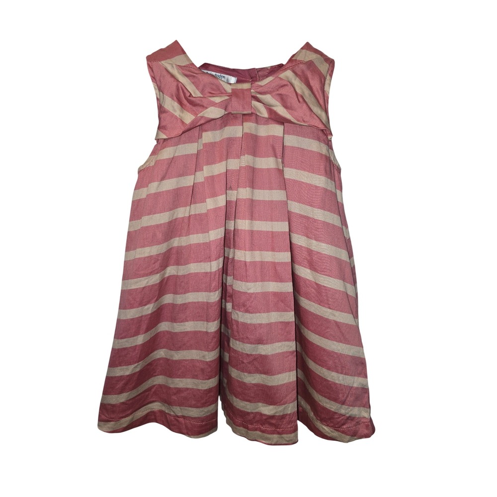 Baby‎ Boden Pink Cream Striped Bow Front Cotton Dress 6-12 Months Sleeveless